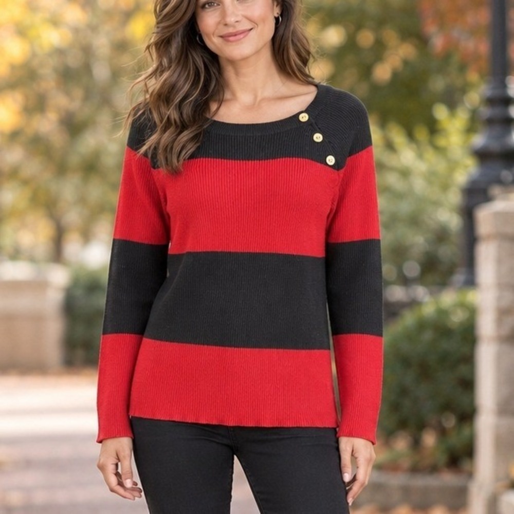 Lauren Ralph Lauren Womens XL Striped Ribbed Boat Neck Button Shoulder Sweater